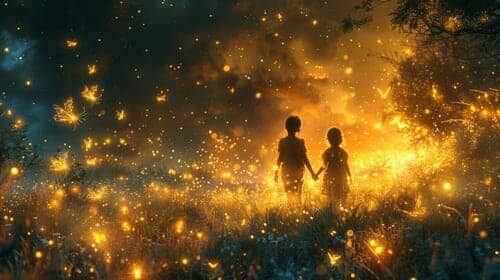 Sternenkinder in goldenem Licht Hand in Hand