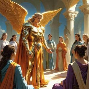 Erzengel Metatron in gold orangener Rüstung gibt eine Heilerausbildung