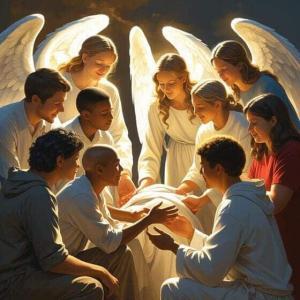 Ein bild in denen den Menschen von engeln geolfen wird, dass sehr kraftvoll und voller Liebe ist