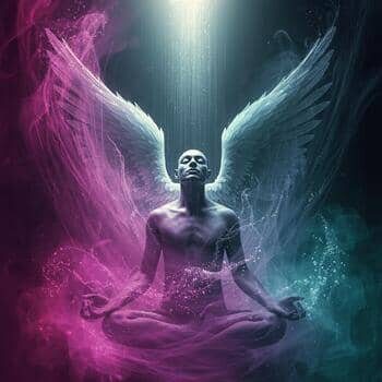 Energieübertragung und Einweihung in Erzengel Lumiel mit Lichtflügeln.